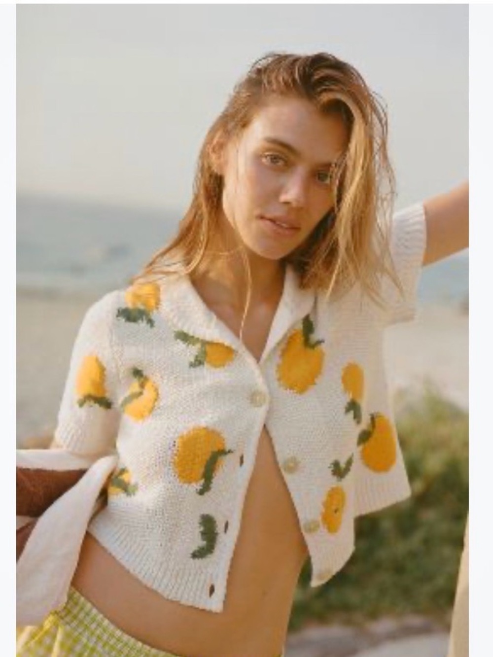 Maeve White Cropped Cardigan with Yellow Floral Motif